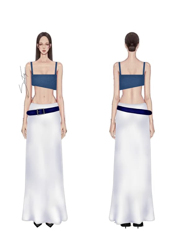 Ilustração True Blue — vestido branco com top jeans
